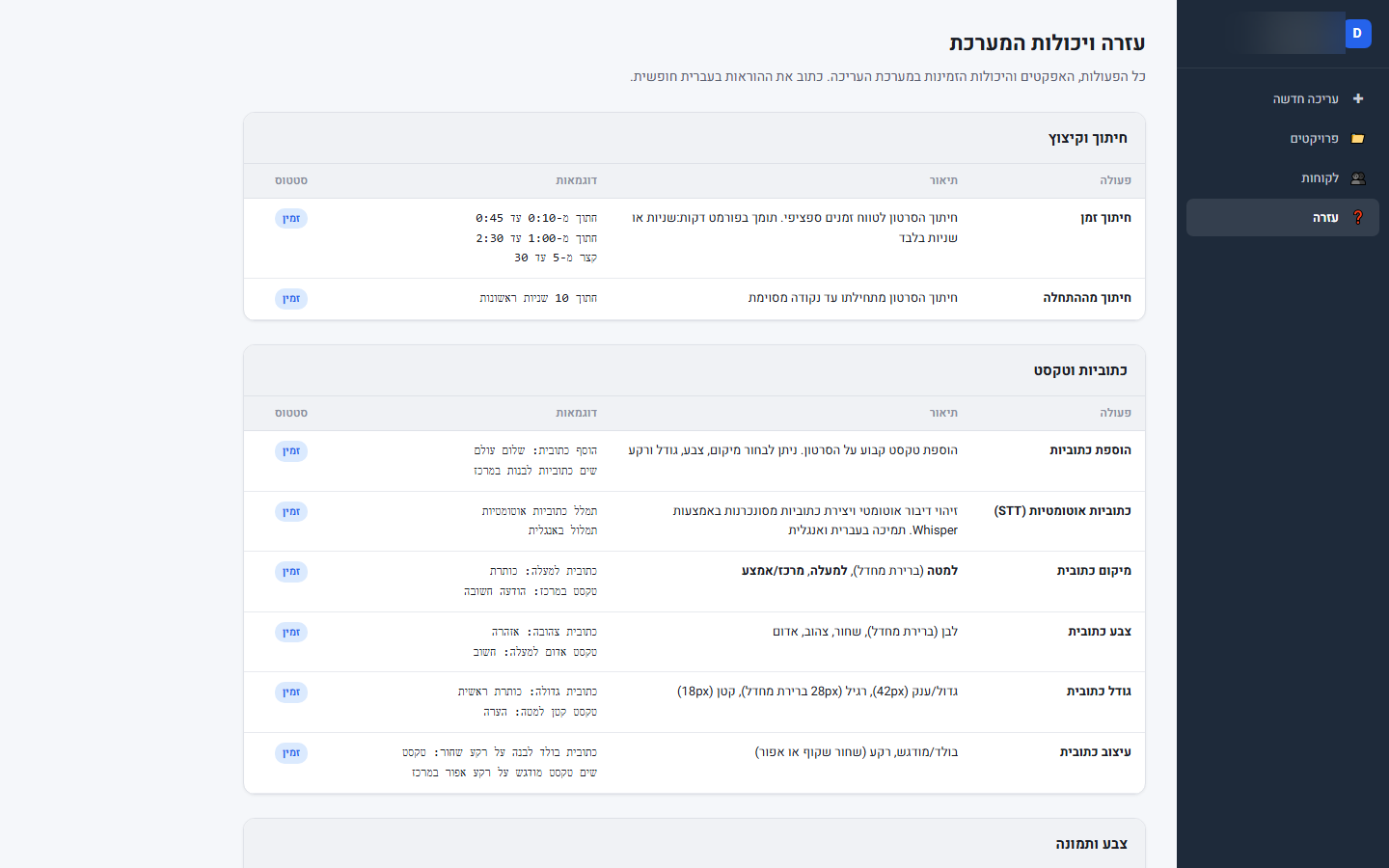 ממשק עורך הוידאו, רשימת יכולות והוראות עריכה בעברית