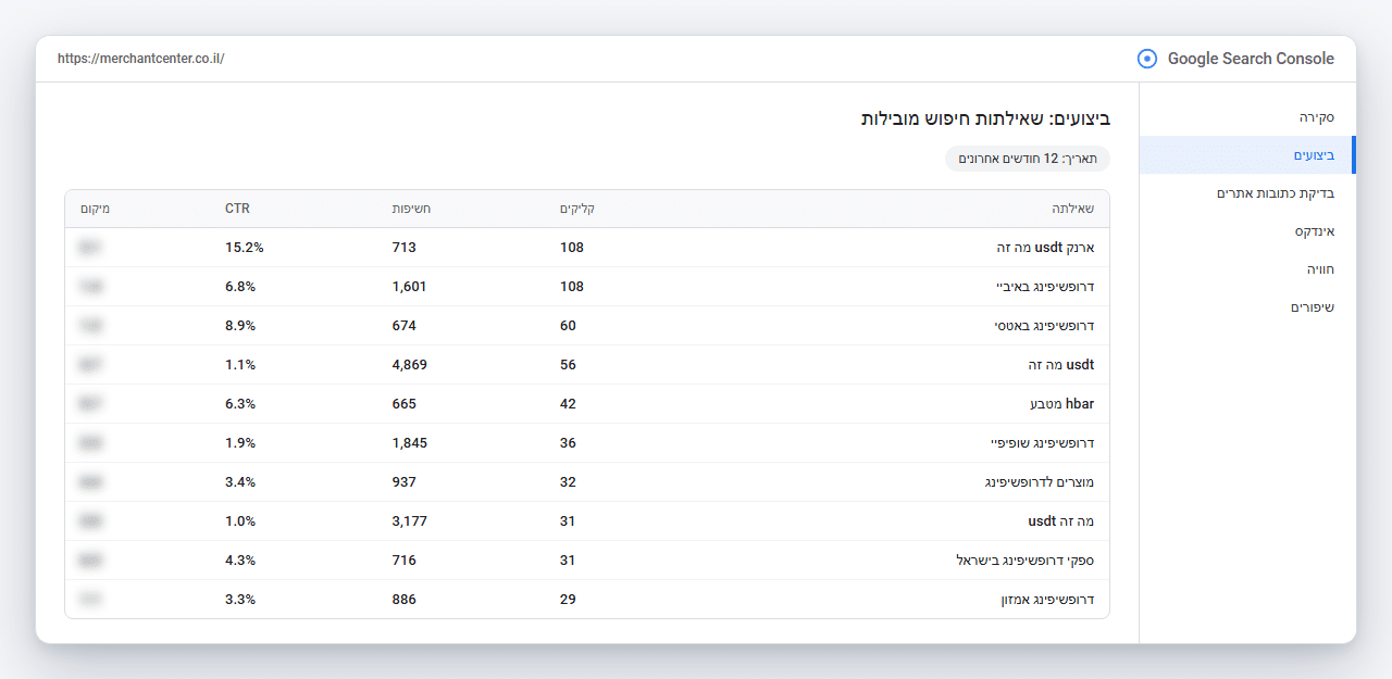 Search Console: שאילתות מובילות בנושאי דרופשיפינג ו-USDT