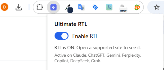חלון התוסף Ultimate RTL עם מתג הפעלת כיוון RTL